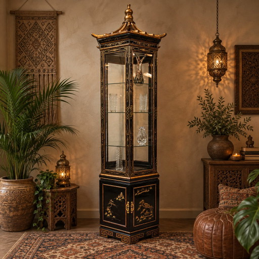 Vintage Chinesische Vitrine Pagodendach (Beleuchtung) Bohemian Schrank