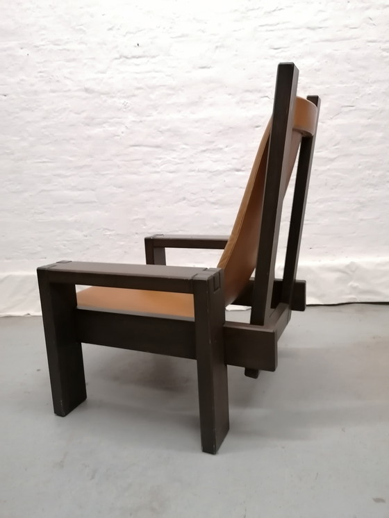 Image 1 of Brutalist style armchair, wood and leather, 70s