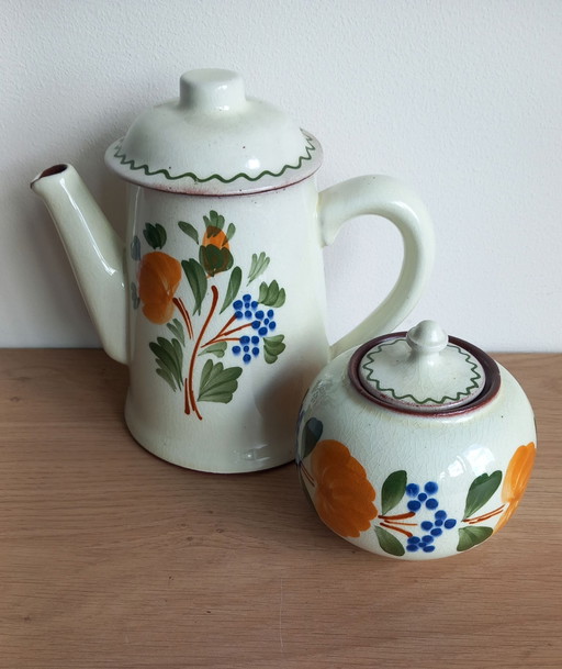 Cafetière et sucrier vintage Városlőd Majolica – Céramique hongroise peinte à la main (années 50/60)