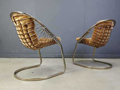 Fauteuils cantilever vintage en laiton de Gastone Rinaldi, ensemble de 2, années 1970