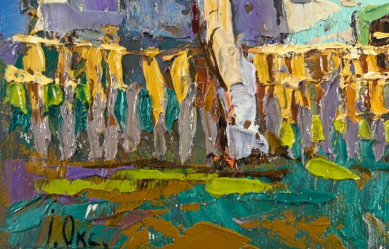 Image 1 of Original Oil Painting Colorful Village Landscape Early spring has arrived