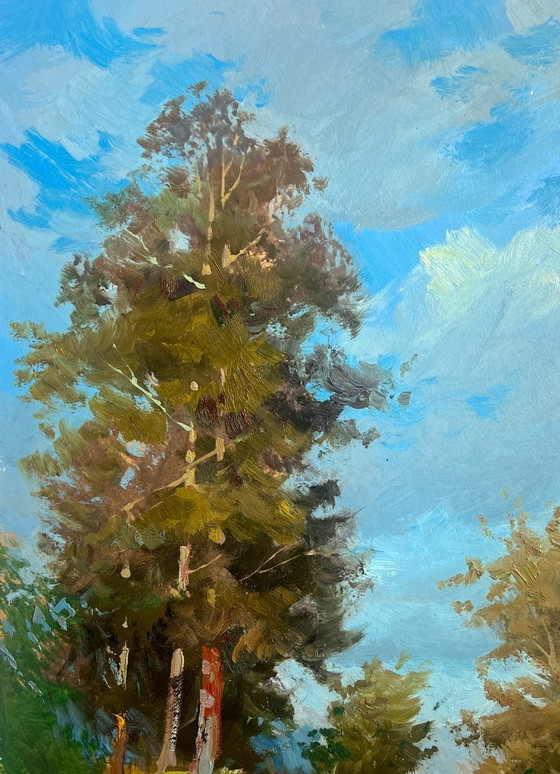Image 1 of Peinture à l'huile originale Paysage de champ d'été Admirez la forêt d'été