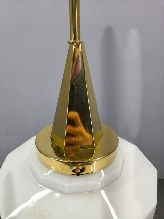 Image 1 of Art Deco Brass Pendant with Geometric Opaline Glass, Czechoslovakia 1930s