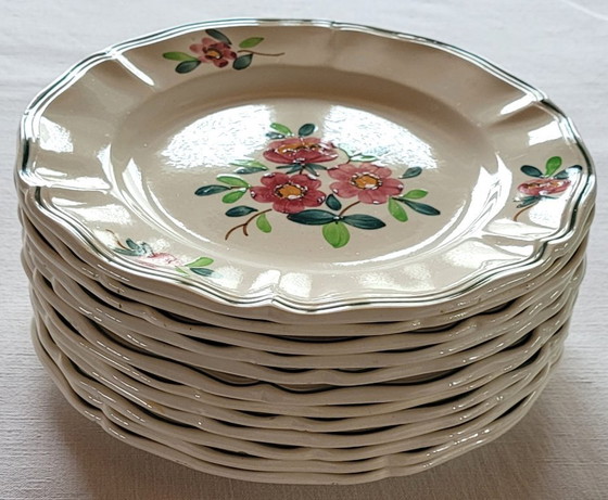 Image 1 of 12 Dessert Plates with "AMAZONAS" decoration in off-white earthenware from the Sarreguemines potteries