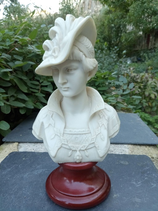 Alabaster Bust Woman with Hat 19th Century