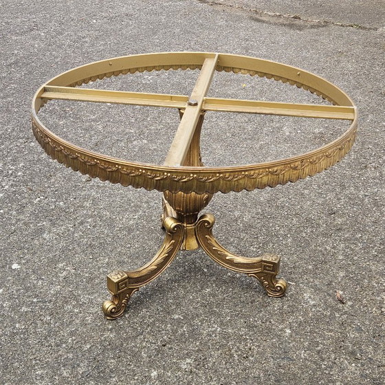 Image 1 of French Vintage Onyx Marble and Brass Coffee Table- Round Marble Cocktail Table-Style Louis XV -60s