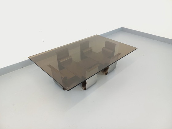 Image 1 of Large rectangular coffee table by François Monnet, vintage Space Age style, in steel and smoked glass from the 1970s