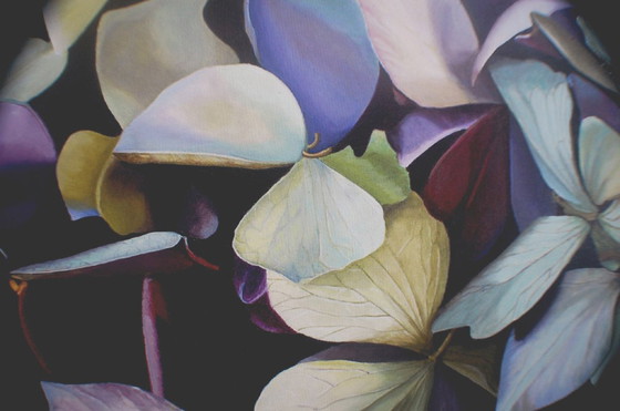 Image 1 of Realistic Hydrangea Painting: Moody Purple Blue Floral Wall Art, Detailed Flower Botanical Decor
