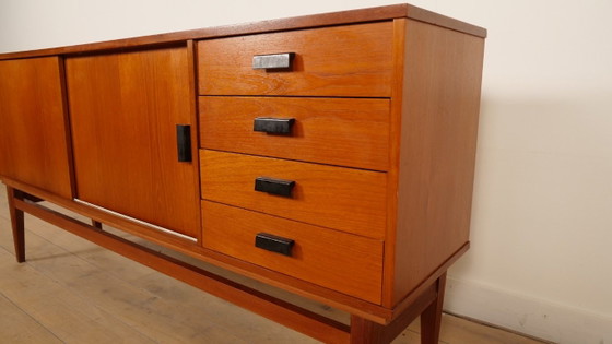 Wooden Sideboard with Sliding Doors and Drawers, Brown, Mid Century Modern (photo 9 of 9)