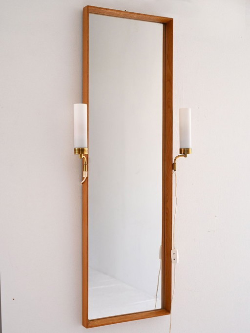 1950s Vintage Mirror with Integrated Brass Sconces