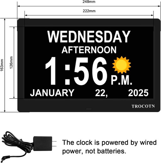 TROCOTN 10 Inches Digital Clock Day Clock Large Display Alarm Clock Wall Clock (Black)