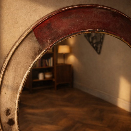 Vintage ronde spiegel met industrieel metalen frame en gelakte afwerking.