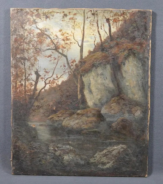 Antique French Woodland Landscape Oil Painting With Rocks and Stream – Paintings & Drawings, Canvas (photo 2 of 12)