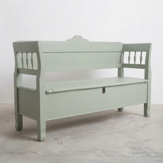 Vintage Hungarian Refurbished Wooden Storage Bench in Sage Green, 1920s, Benches, Rustic (photo 3 of 4)