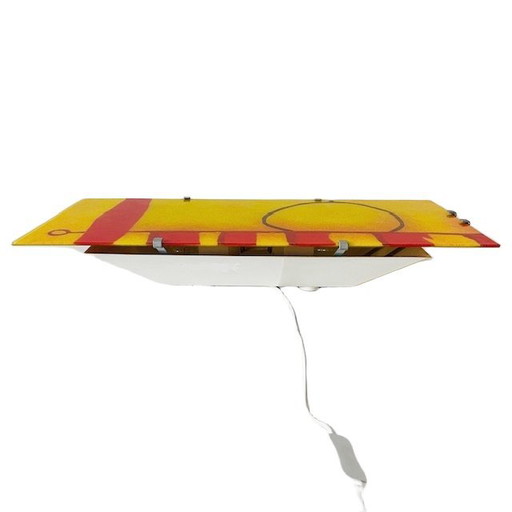 Applique murale vintage Ikea Gyllen Gotö, panneau en verre, art abstrait jaune et rouge, années 1990