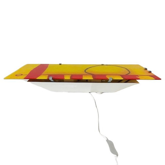 Image 1 of Vintage Ikea Gyllen Gotö wall lamp glass panel yellow and red abstract art 1990s