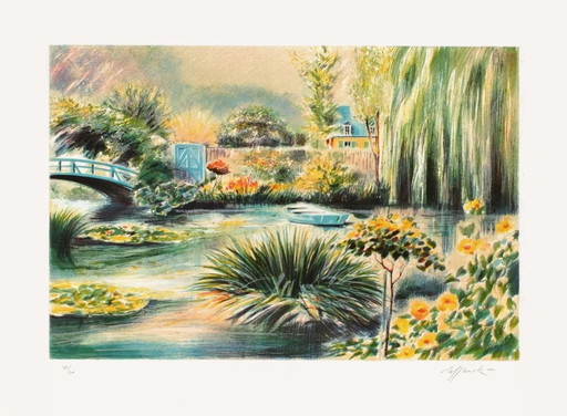 Rolf RAFFLEWSKI Giverny - Une barque sur l'eau Gesigneerde litho 1988