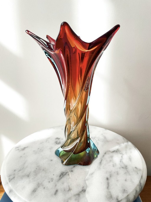 Vintage Murano Twisted Glass Vase Red Amber Blue, 1960s Chambord Fratelli Toso