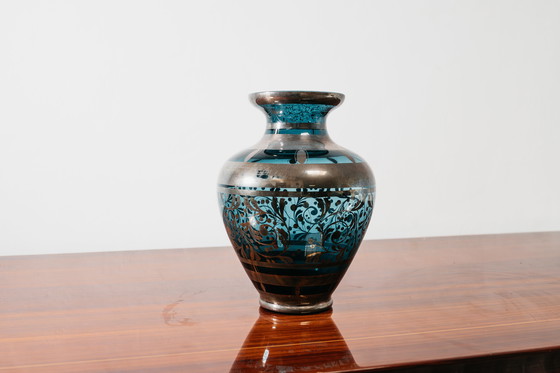 Image 1 of Glass and Silver Overlay Vase American Art Deco 1940’s Design