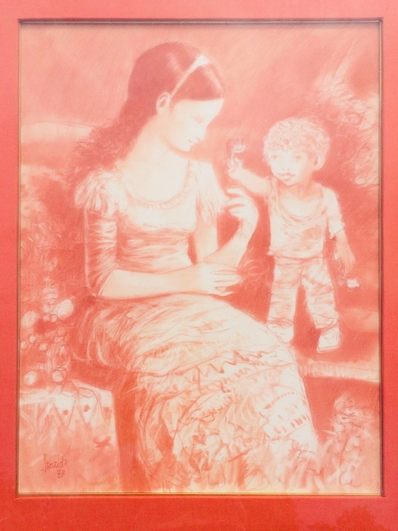 Image 1 of Alvarido, Large Red Chalk: 'The Gift' 70s Vintage