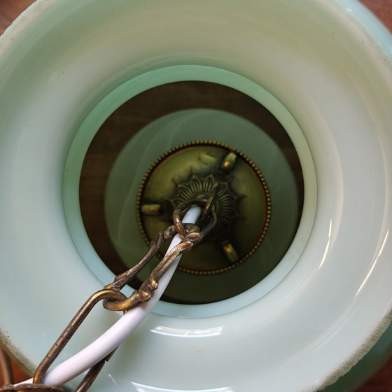 Image 1 of Vintage mintgroene hanglamp van opaalglas met dubbele glazen diffuser en messing ophanging.