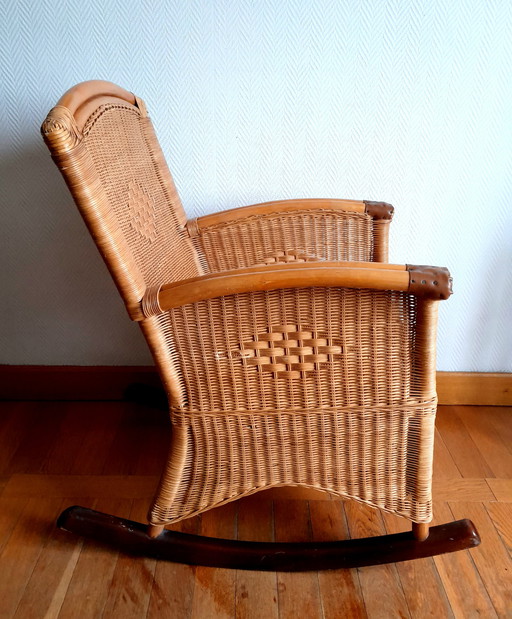 Rocking-Chair En Rotin Vintage 1970 