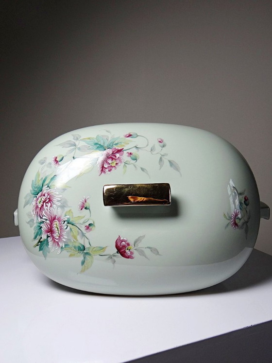Image 1 of Zuppiera vintage in porcellana celadon di Limoges, Francia, in stile Art Déco con decorazioni floreali.