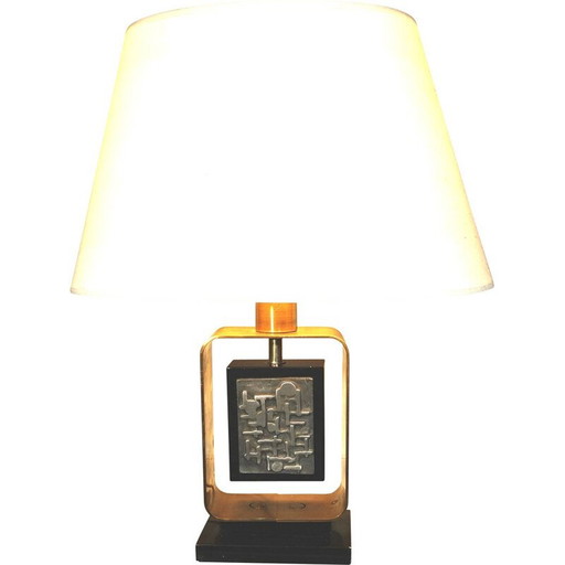 Lámpara de pie vintage de metal y madera lacada en negro con diseño abstracto, 1970