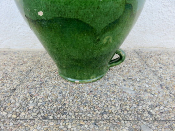 Image 1 of Ancienne jarre à huile en terre cuite vernissée vert, sud de la France, fin XIXème