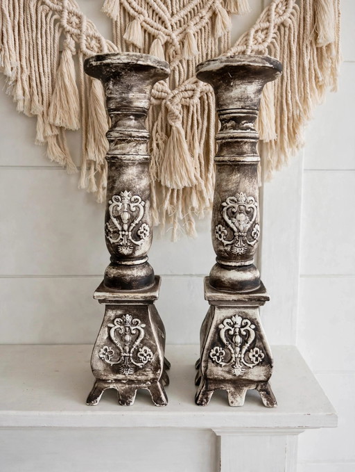 Bougeoirs rustiques en pierre vintage de brocante – kandelaars en kaarsen, Stone
