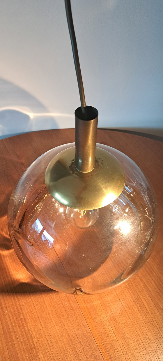 Image 1 of 🟡DORIA Pendant Light 1970s – Hand-blown Glass Globe Ø30 cm – Amber / Smoked Gold – Vintage Mid-Century