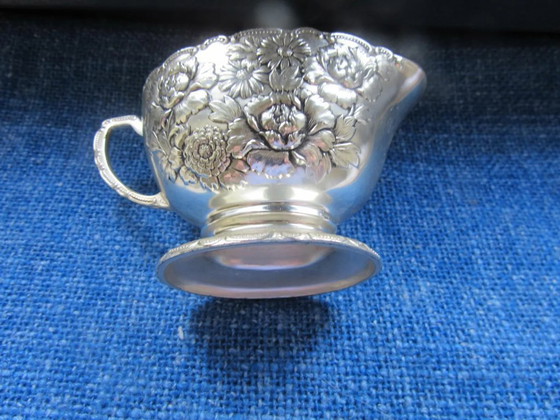 Image 1 of Silver plated Set of milk jug / creamer & sugar bowl, signed TK, vintage
