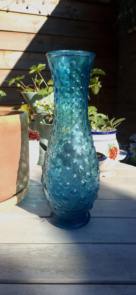 Image 1 of Vintage Empoli Hobnail Vaas Blauw Glas UV Reactief Italië 1960