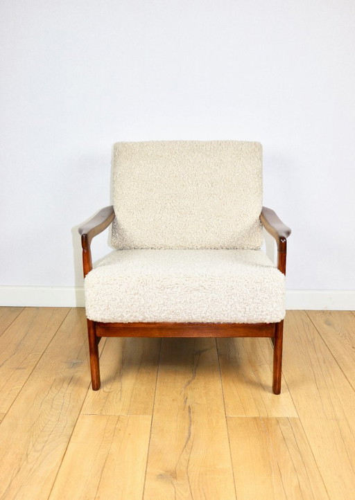 Wooden vintage brown armchair beige ivory long pile boucle design by Z. Bączyk - 2 pieces available