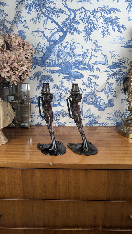 Image 1 of Ein Paar MoMa-Kandelaber aus Bronze mit Nymphen im Jugendstil Vintage 1988