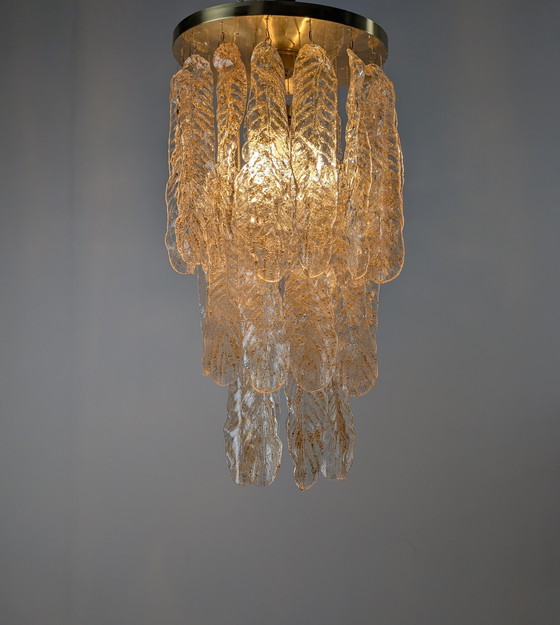 Image 1 of Lustre italien avec feuilles en verre de Murano ambre et caramel, 1970S