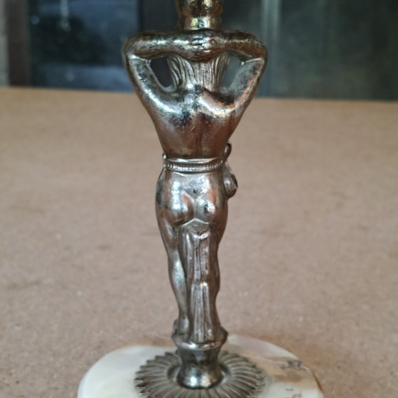 Image 1 of Vintage Tribal Figurine Table Lamp with Hand-Stitched Rawhide Shade and Onyx Base