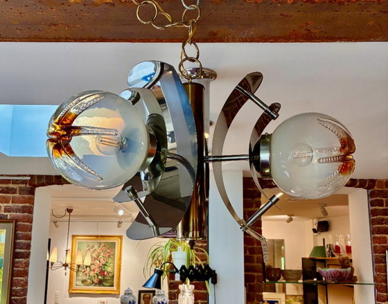 Vintage metalen kroonluchter met kaarsenhouders van Murano-glas (Gino Mazzega) - Drie lampen – Chrome (photo 4 of 7)