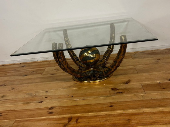 Brutalist Coffee Table "Octo" Henri Fernandez 1970 – Bronze, Glass (photo 14 of 15)