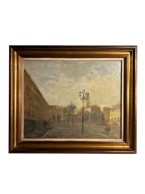 Pintura al óleo sobre tabla de escena urbana de Attilio Melo, años 60