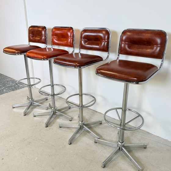 Chrome Bar Stools 1970s Cognac Faux Leather Upholstery – Barstools, Skai (photo 7 of 14)