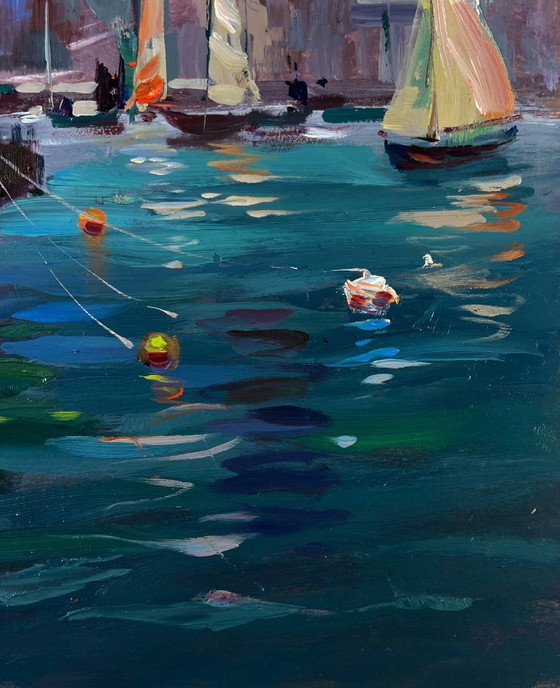 Image 1 of Original Oil Painting Gloomy Houses Landscape Boats bob at the city pier
