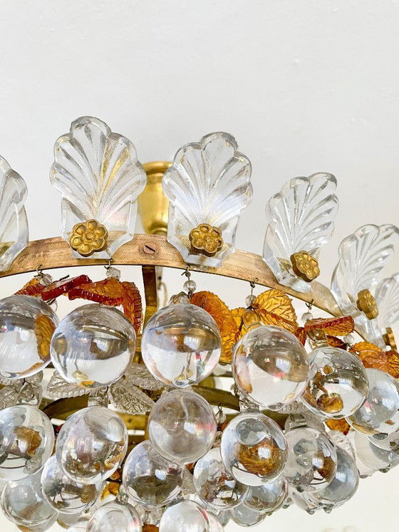 Image 1 of 1960s Murano Glass Chandelier, Orange & Clear Glass Leaves, Solid Brass Spanish Vintage Ceiling Light