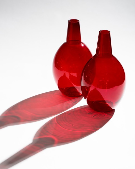 Image 1 of Hirschberg “Kalabasse” Ruby Red Sculptural Glass Vase Duo Wilhelm Braun-Feldweg