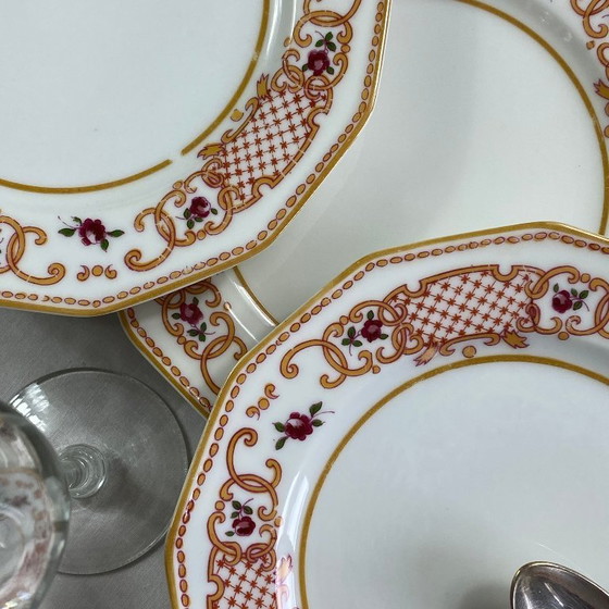 Image 1 of Antique Limoges porcelain dessert service by A. Lanternier & Cie, comprising 10 plates and a cake stand