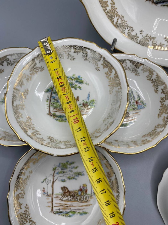 Limoges CD Porcelain Dessert Set, Polychrome Equestrian Promenade Scenes, Gilded Frieze, 9 Pieces (photo 5 of 6)
