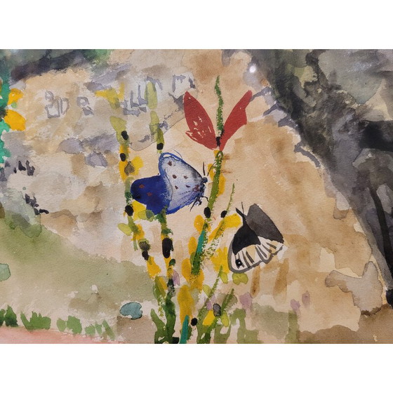 Image 1 of Vintage gouache “Chemin des Papillons” on paper, Italy 1970