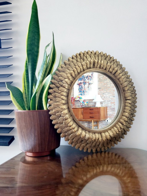 Vintage sun mirror with decorative feathers, resin, 1950s, Belgium