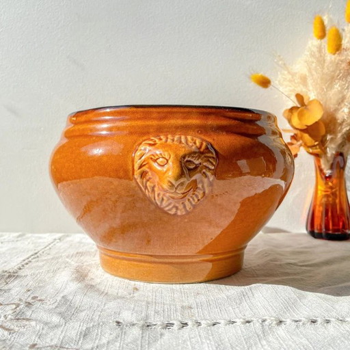 Vintage Ceramic Lion Head Soup Tureen - Honey and Black, Made in France - Elegance and Tradition for Your Recipes