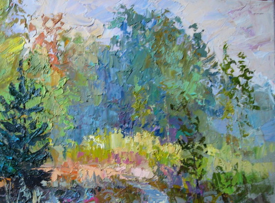 Pittura a olio originale Paesaggio naturale Radura nel bosco – Dipinti e disegni, Canvas (photo 5 of 8)